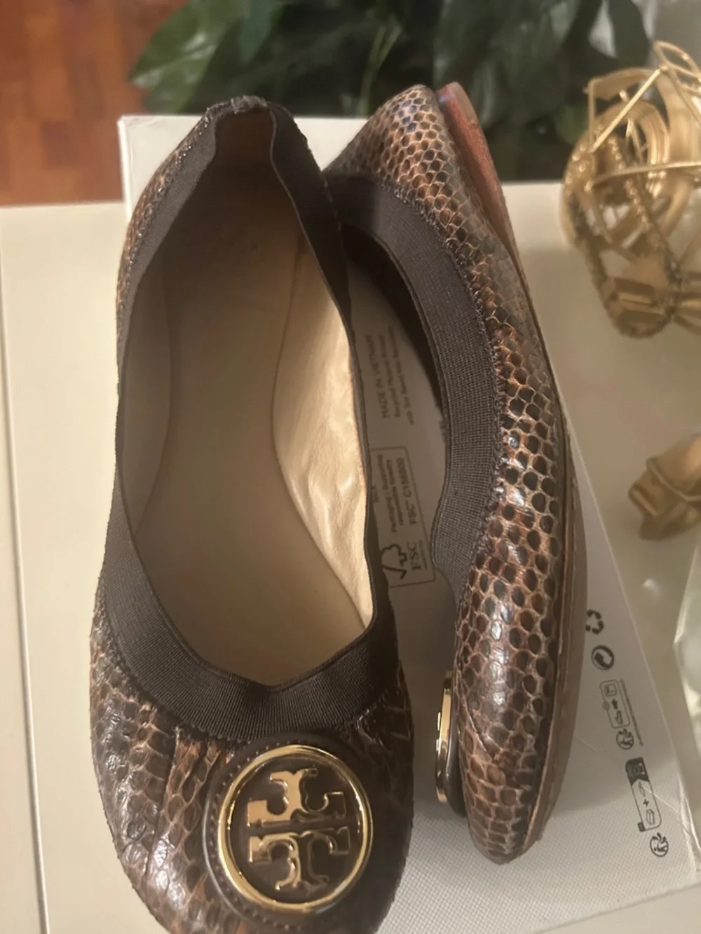 Tory Burch Brown Snake-Embossed Logo Round-Toe Flats - Picture 6 of 11